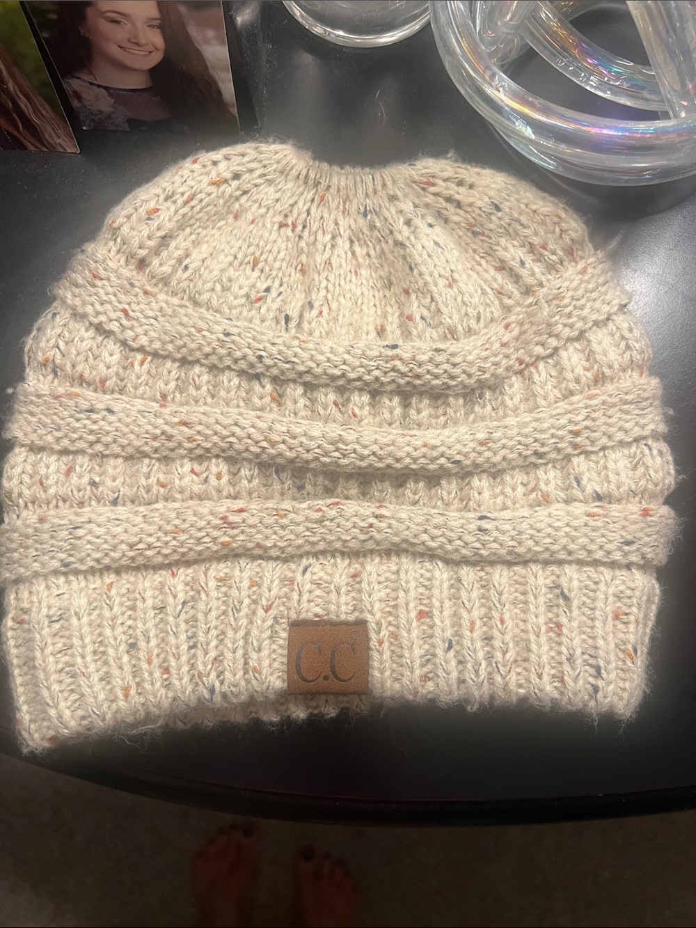 C.C Kids Cream Flecked Knit Cuffed Beanie